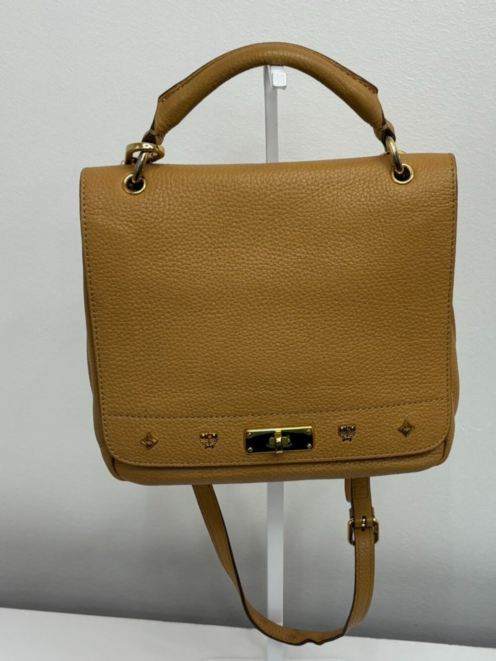 MCM Tan Pebbled Leather First Lady Flap Satchel Bag